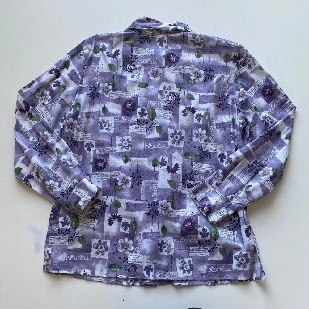 Vintage Tapestry Purple Garden Floral Button Up Roll Tab Shirt Women's Medium - Picture 3 of 7